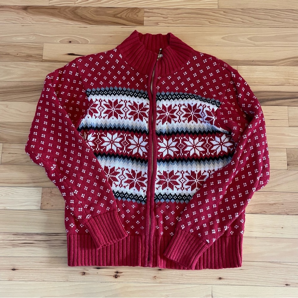 Vintage Dress Barn Christmas Sweater Snowflake Zip Knit Cardigan Snowflake